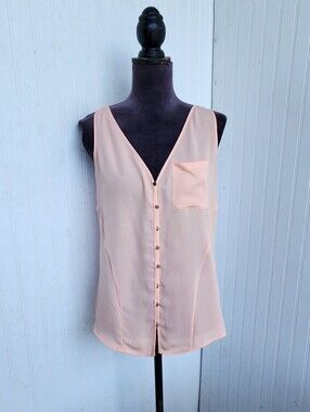 Bebe Blouse Womens Pink Peach Sheer Lace Back Pleats Button Sleeveless Top Sz M
